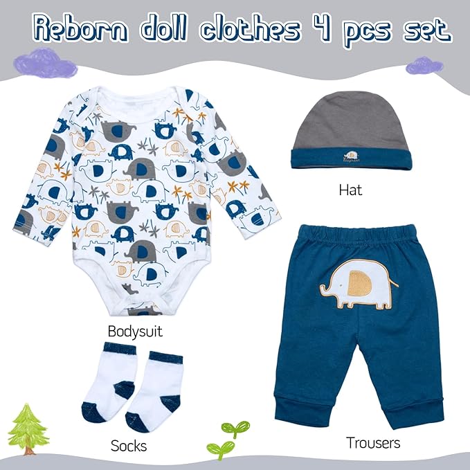 4 Pieces Reborn Baby Doll Clothes Set for 17-22 Inch Baby Boy Dolls Blue Elephant Newborn Dolls Clothes Accessories