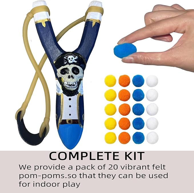 LINJAY Wooden Slingshot for Kids – Handmade Pirate Skull Toy with Extra Bands, Clay Balls & Soft Pom Poms for Outdoor Fun