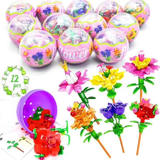UMEELR Pre Filled Easter Eggs with Flowers, 12Pcs DIY Flower Surprise Building Blocks Toys for Basket Stuffers, Easter Egg Hunt Classroom Prize Toys