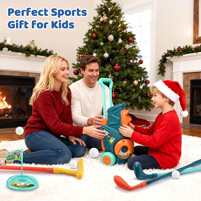 Toddler Golf Set with Putting Mat, Upgraded Kids Golf Cart with Shoulder Strap, Toddler Glove, Plastic Clubs, 10 Balls, Indoor Outdoor Sports Toys Birthday Gift for Boys Girls Aged 3 4 5+ Years Old