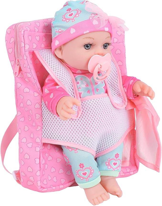 DONTNO 12 Inch Baby Doll with Clothes and Backpack Carrier,Reborn Baby Doll with Bottles Nipple