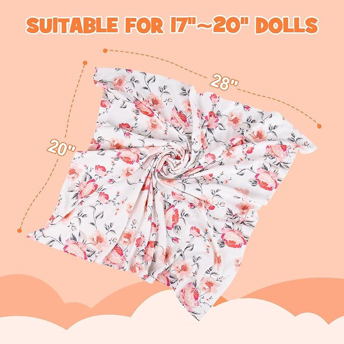 Aori Reborn Doll Clothes Accessories Newborn Receiving Blanket for Newborn Girl Doll with Matching Bow Hat and Bow Headband Swaddle Set for 17-20" Reborn Dolls