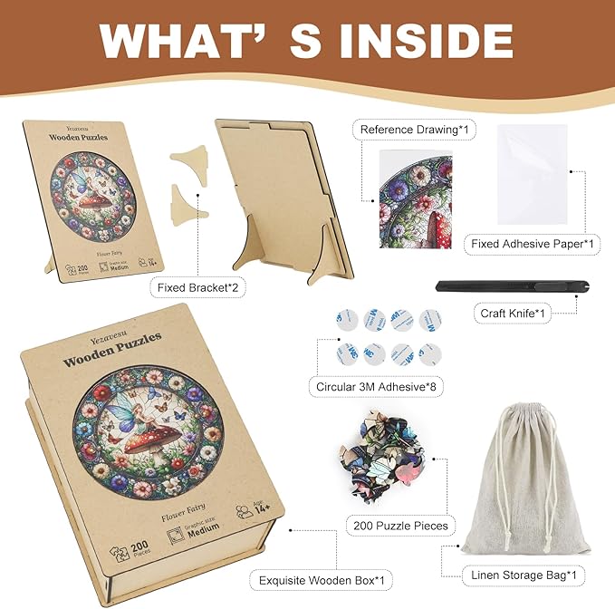 200 Pieces Fairy Wooden Puzzles for Adults, Mushroom Unique Shaped Wooden Jigsaw Puzzles for Adults, Flowers Irregular Adult Wood Puzzle Creative Gift with Exquisite Wooden Box