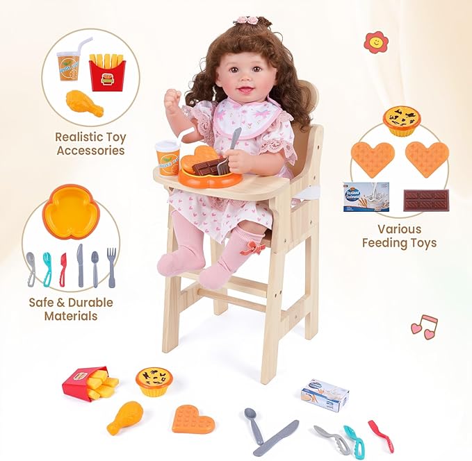 BABESIDE Wooden Baby Doll High Chair Set for 15-20 Inch Dolls Furniture, Babydoll High Chair with Adjustable Tray, Safe Straps and Baby Doll Accessories for Kids Pretend Play Toys