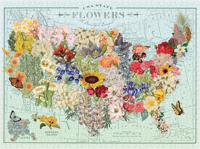 Galison Wendy Gold USA State Flowers Puzzle, 1000 Pieces, 20” x 27” – Jigsaw Puzzle Featuring a Colorful Illustration – Thick Sturdy Pieces, Challenging Family Activity, Great Gift Idea