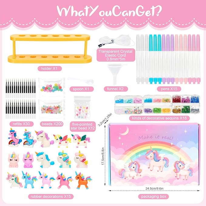 Bafeil Unicorn DIY Pen Making Kit, 15 Make Your Own Glitter Pens Creator Studio with Sequins Beads, Creative Arts & Crafts Marker Set, Personalized Colouring Pens Birthday Back School Gift