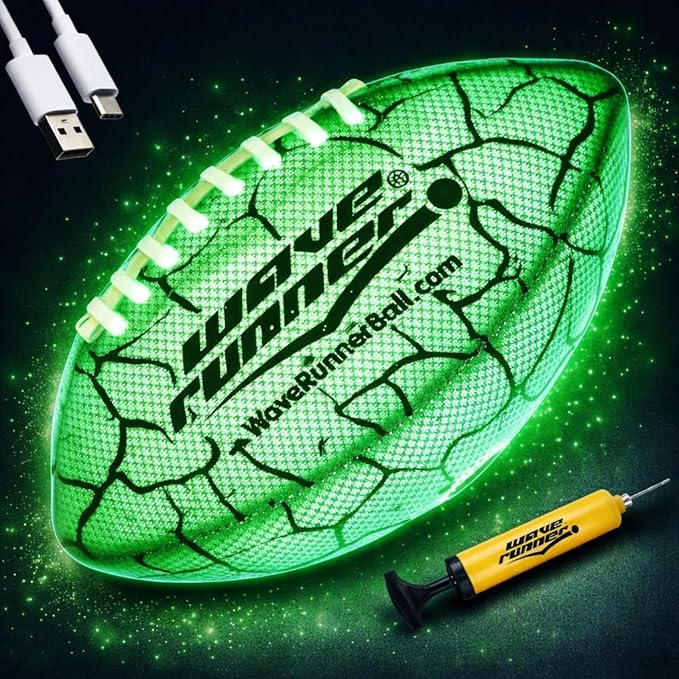 Wave Runner Glow in The Dark LED Football - Junior Size Waterproof Light Up Football, Type-C Rechargeable with Pump, Outdoor Sports Toy for Kids, Teens, and Adults