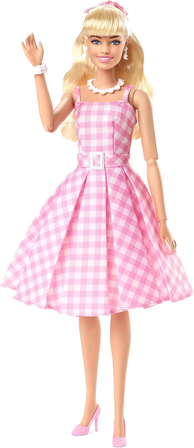 Barbie the Movie Doll, Margot Robbie as, Collectible Doll Wearing Pink and White Gingham Dress with Daisy Chain Necklace