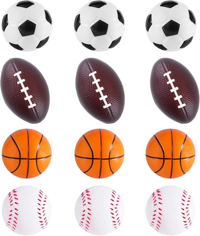 Super Z Outlet Mini Foam Sports Balls for Kids Adults Mini Baseball Football Basketball Soccer Stress Bulk Toy Game Party Decoration Relaxable (Assorted) - Pack of 12