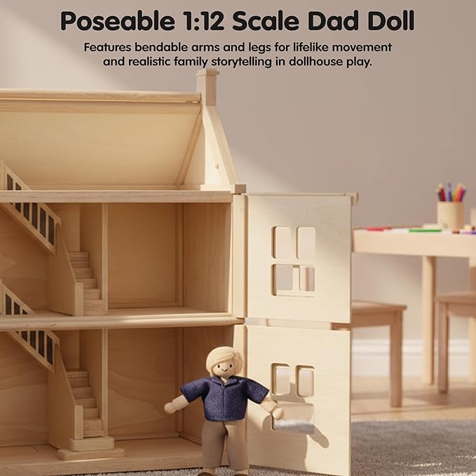 PlanToys® Mother Wooden Dollhouse Figurine | Poseable 1:12 Scale Mini Doll (5 Inch) | Dollhouse Accessories for Pretend Play | Eco-Friendly Montessori Toy for Kids Ages 3+