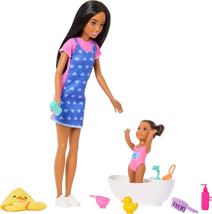 Barbie Skipper Babysitters, Inc. Playset with Brunette Doll, Brunette Toddler Doll, Bathtub & 6 Accessories Including a Rubber Duckie
