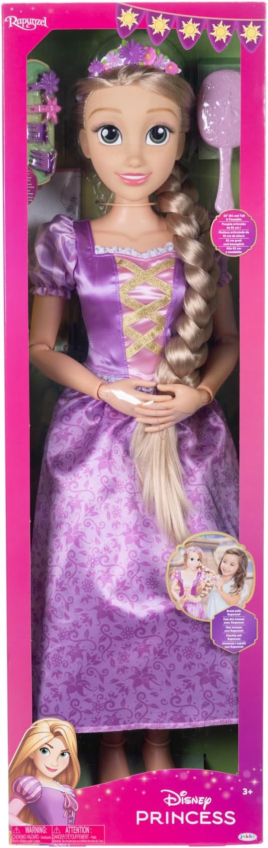 Disney Princess Rapunzel Doll Playdate 32” Tall & Poseable, My Size Articulated Doll in Purple Dress, Comes with Brush to Comb Her Long Golden Hair, Flower Garland Hairband & Hair Pins