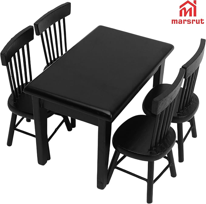 Miniature Dining Table and Chairs Set 5pcs – 1:12 Scale Dollhouse Room Furniture Kitchen Mini Wooden Chair Accessories, Model Accessory Decoration for Doll House DIY Hobby, Black