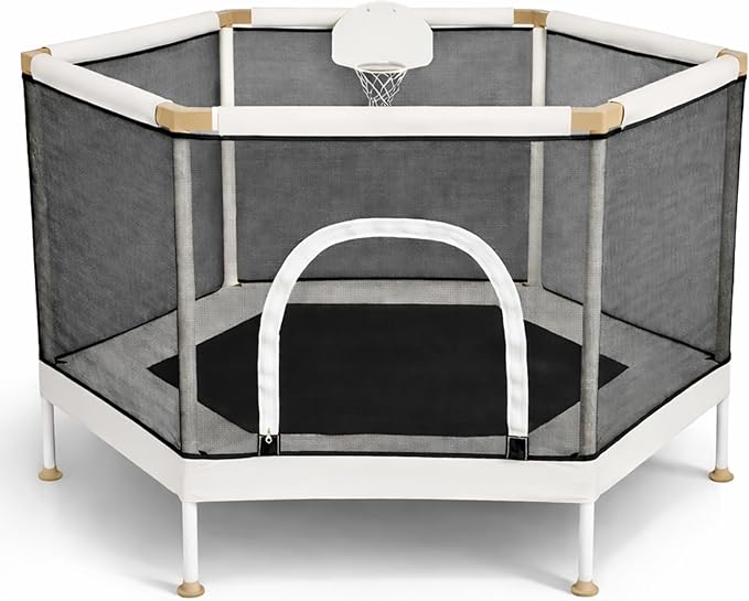 Kids Trampoline, Aesthetic Indoor and Outdoor Toddler Trampoline with Safety Net, Basketball Hoop, 220lb Capacity, Ultra Safe No-Gap Design, Gifts for Boys & Girls