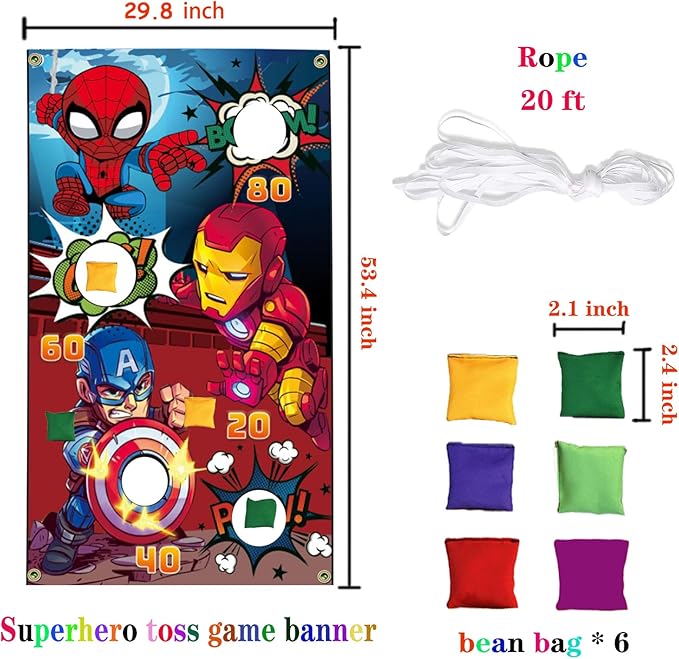 Superhero Themed Toss Games Banner with 6 Bean Bags-Fun Superhero Indoor Outdoor Throwing Game Party Supplies for Kids in Family Games, Superhero Themed Party, Carnival Games (Red)