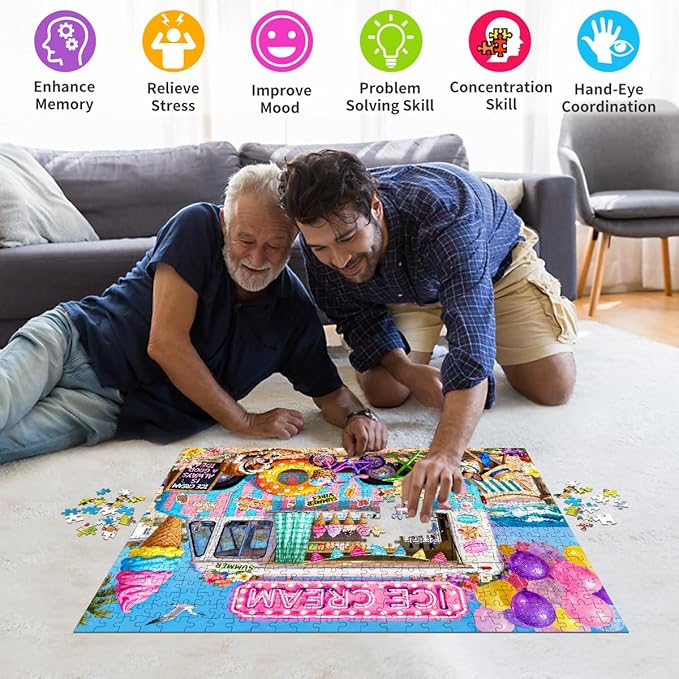 500 Piece Jigsaw Puzzle for Adults - Beach Ice Cream Truck with Cute Bulldogs Jigsaw Puzzles 500 Pieces Puzzles for Adults Finished Size 19.3“ x 13.7”