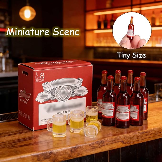 1 Set Doll Props 1/6 Scale Mini Beer Bottles with Glasses&Box Set Mini Money Model for Miniature Doll Accessories Action Figure Props, DIY Crafts,RC Crawler Car Accessories Tiny Collectibles