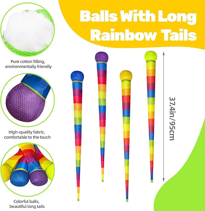 2 Pcs Throw and Catch Balls with Rainbow Tails, Outdoor Toys Bulk Playground Balls for Kids Adults, Physical Equipment Indoor Recess Games for Preschool, Camping Toys, 37"