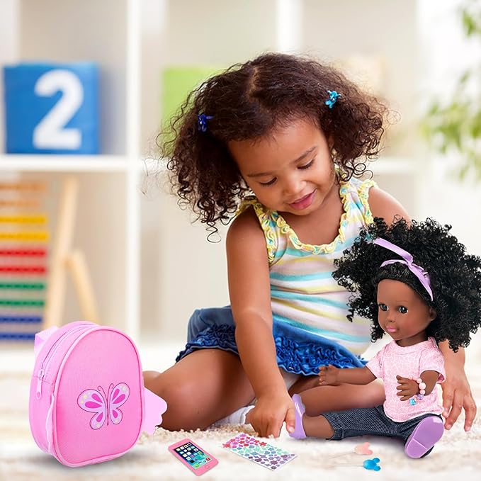 Ecore Fun 14.5 Inch Black Doll 14.5 Inch Baby Girl Doll and Clothes and Accessories Set African Washable Realistic Silicone Girl Dolls - Best Gift for Girls