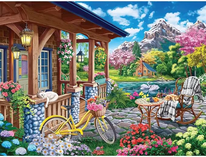 Bits and Pieces - 1000 Piece Jigsaw Puzzle for Adults - 20" x 27" - Colorful House Near The Lake - 1000 pc Mountainside Retreat Spring Jigsaw