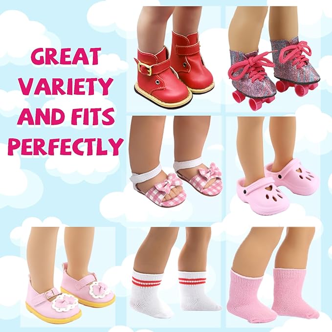 18 inch Doll Shoes - 5 Pairs of Different Types (Boots/Roller Skates/Sandals/Clogs) + 2 Pairs of Pink/White Socks 18 in Doll Accessories 18‘’Pink American Doll Accessories