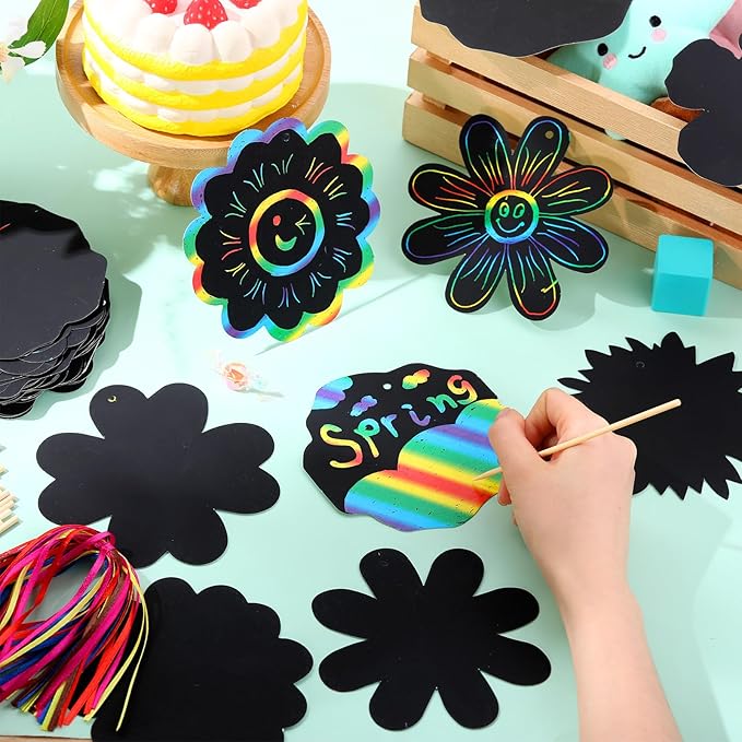 Hungdao 60 Pcs Flowers Scratch Cards Rainbow Summer Scratch Paper for Kids Rainbow Flower Crafts with Bamboo Stylus and Ribbon for Home Classroom School DIY (Flower)