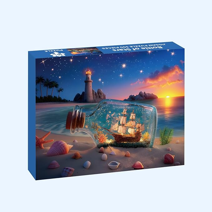 Puzzles for Adults 500 Pieces, Lighthouse Jigsaw Puzzles - Bottle of Stars, Impossible Beach Sailboat Puzzle for Seniors Families, 20.47x14.96 Inches, 1:1 Poster, Letter On The Back