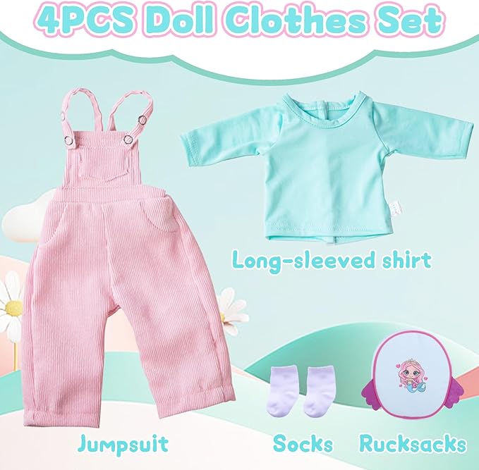 18 Inch Doll Clothes and Accessories, 4 Pcs 18 inch Girl American Doll Clothes Set Include Long Sleeves Pink Overalls Socks and Mermaid Backpack Birthday for Girls (No Doll)