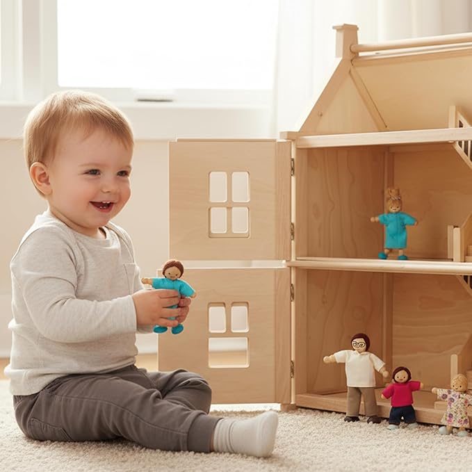 PlanToys® Family Wooden Dollhouse Figurine Set | 4 Poseable 1:12 Scale Mini Dolls (Parents & Kids) | Dollhouse Accessories for Pretend Play | Eco-Friendly Montessori Toy for Kids Ages 3+
