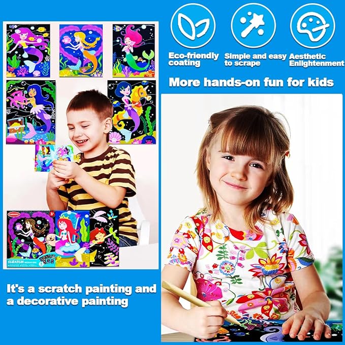 JUNQIU Scratch Art for Kids, Mermaid Black Rainbow Scratch Art Paper Set-Arts and Crafts Kits & Supplies, Mermaid Toys Gifts for Toddlers Girls Birthday Christmas