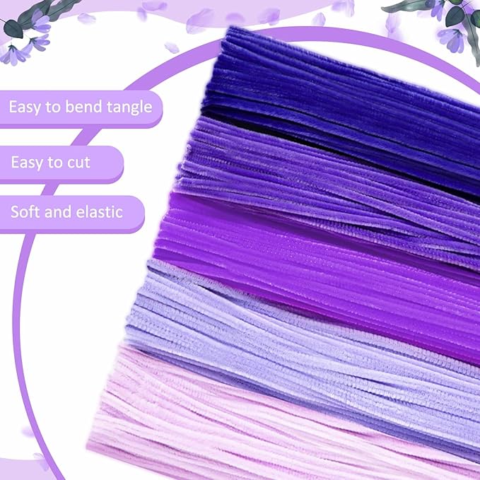 Peryiter 500 Pieces Pipe Cleaners Chenille Stems for Flowers Craft Supplies Bulk Fluffy Fuzzy Sticks for DIY Art Projects Creative Gift Wrapping Party Decorations(Purple,12 Inch)