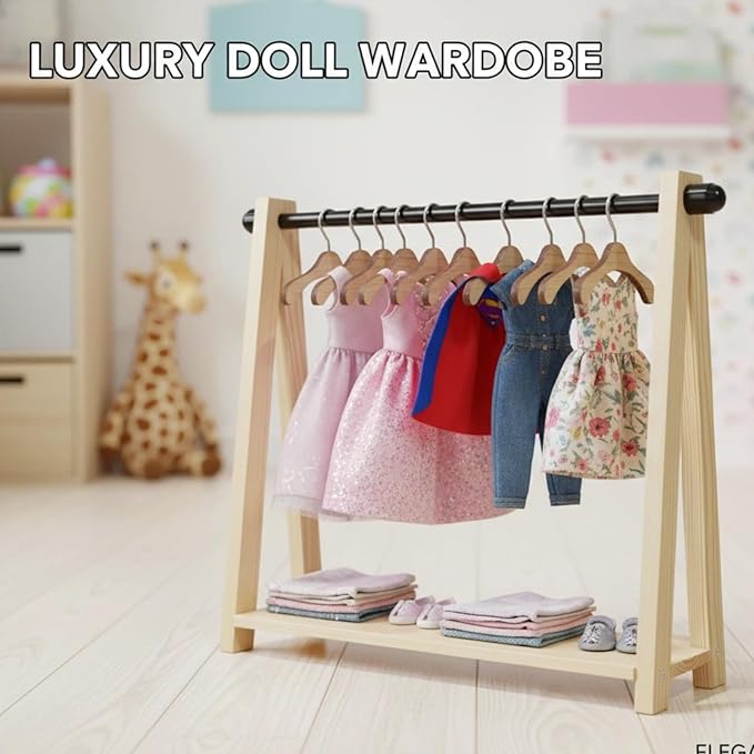Wooden Doll Clothes Rack with 10 Mini Hangers & Storage Shelf - Portable Wardrobe Closet for 6-16 inch Mini Dolls Accessories,Clothes,Shoes,Bags