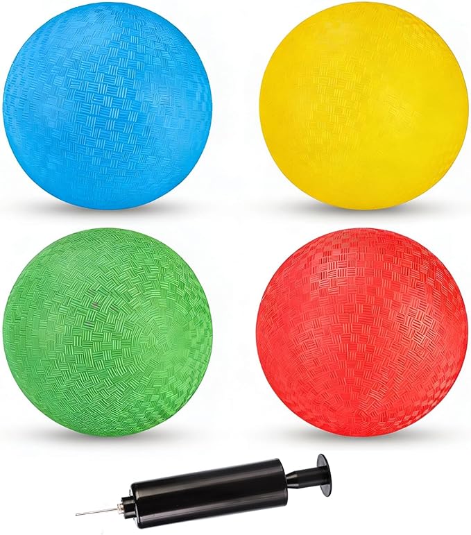 8.5 Inch Kickball Playground Balls, 4 Pcs Kick Balls Set, Rubber Dodgeball for Indoor Outdoor Play, Four Square Dodge Balls for School, Gym, with 1 Pump
