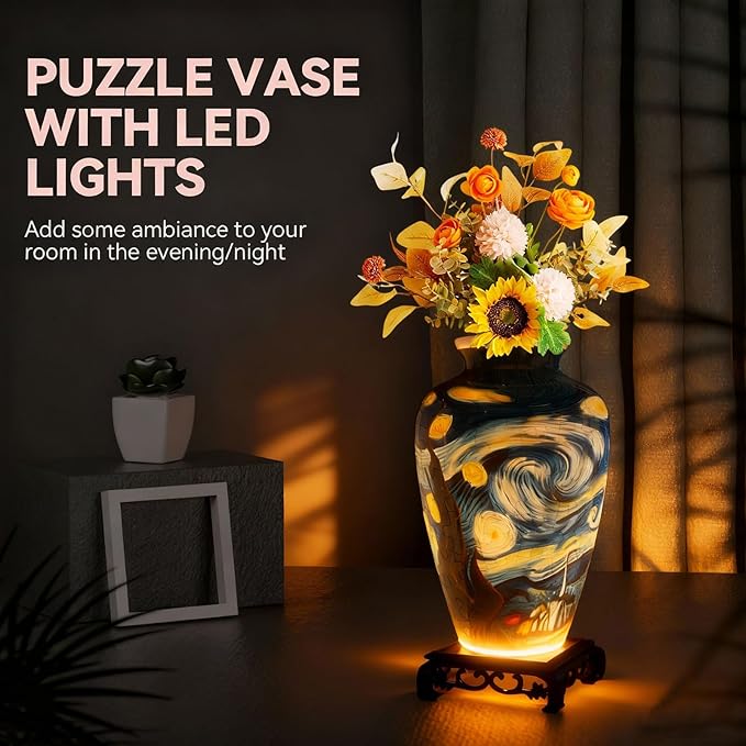 3D Puzzles Vase for Adults, Crafts for Adults, 120 Pieces Plastic DIY Unique Flower Vase with LED Light House Warming Gift Birthday Gifts for Flower Arrangements and Home Decor