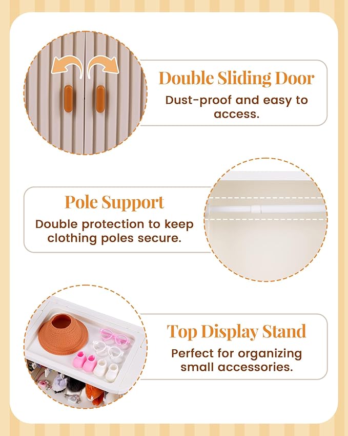 BABESIDE Portable Doll Wardrobe Storage Box for 15/17cm Baby Doll Clothes with Hangers, Telescopic Rod, Doll Glasses, Shoes, Headphones, Hat & More – Space-Saving and Dust-Proof Design