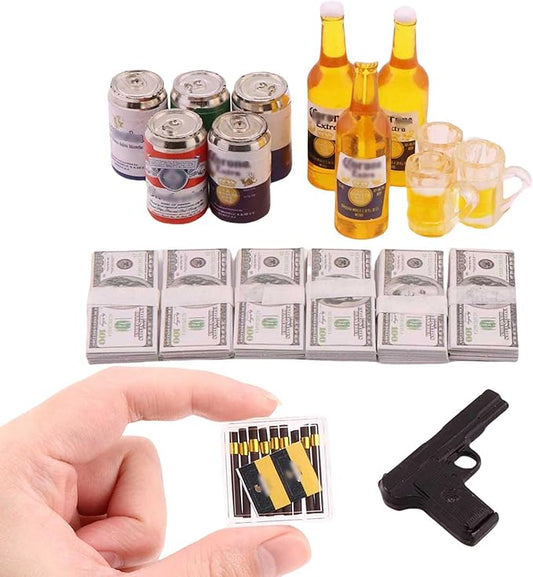 1 Set Mini Prop Miniature Beer Bottles Mini Beer Cans Miniature Money 100 Dollar Bills Model Set for 1/6 Scale Tiny Doll Assesories Dollhouse Decoration Figure Accessories (Set C)