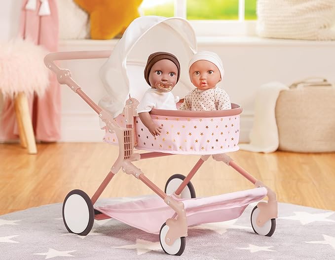 LullaBaby – 14-Inch Accessories – Pink Toy Stroller with Gold Stars for Twins – Foldable Canopy, Swivel Wheels & Storage Basket – Pretend Play 2+ Years
