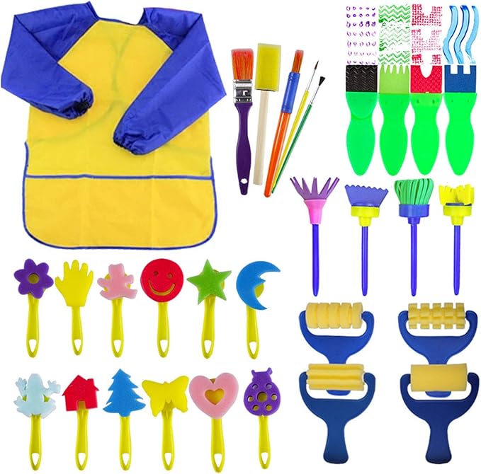 EVNEED Paint Sponges for Kids,29 pcs of Fun Paint Brushes for Toddlers.Coming with Roller,Flower Pattern Brush, Brush Set, Long Sleeve Waterproof Apron with 3 Roomy Pockets