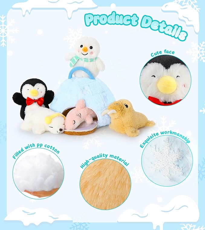 Tezituor 6 Pcs Ocean Sea Plush House with 5 Stuffed Animal Set,Sea Lions, Penguins, Sharks, Polar Bears, Snowmen Plush Toys, Soft Arctic Lgloo Plushie Gifts for Kids Christmas Valentines Birthday