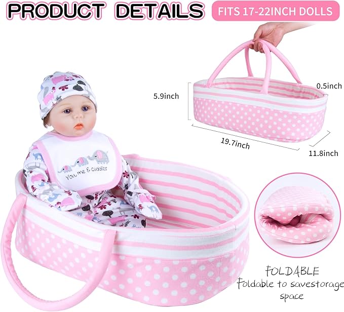 10Pcs Reborn Baby Doll Clothes with Bassinet Blanket Diaper fit 17-22 inch Reborn Dolls Cute Pink Baby Doll Clothes and Accessories Set Newest Design Christmas Gift