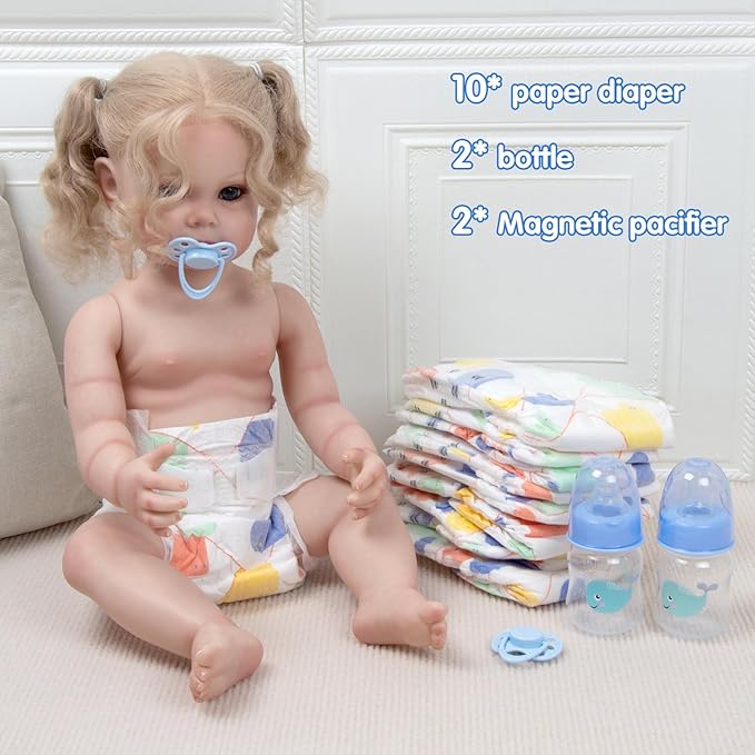 14 Pcs Reborn Baby Doll Accessories Set Fit 17-22 Inch Newborn Baby Doll Paper Diapers Blue Feeding Bottle Magnetic Pacifier Boy Girl