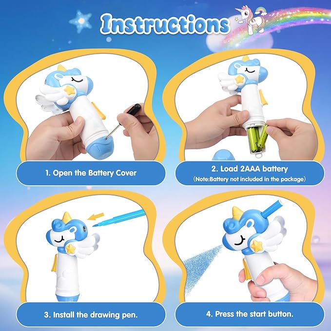 Unicorn Toys Air Brush Marker Sprayer Set, Art Supplies Kit, Art and Crafts for Kids Ages 8-12, 4 5 6 7 8 9 10 11 12 Year Old Girl Birthday Gifts, Includes 5 Washable Markers 8 Stencils