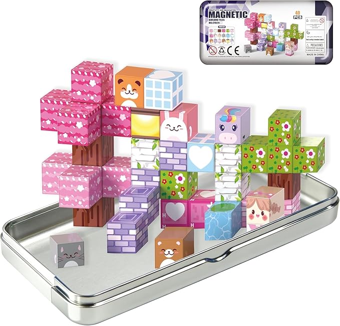 Magnetic Building Blocks - 40 PCS Animal Cubes Set with Cats Bears Unicorns & Storage Case, 2cm STEM Educational Toys for Kids Ages 3-8