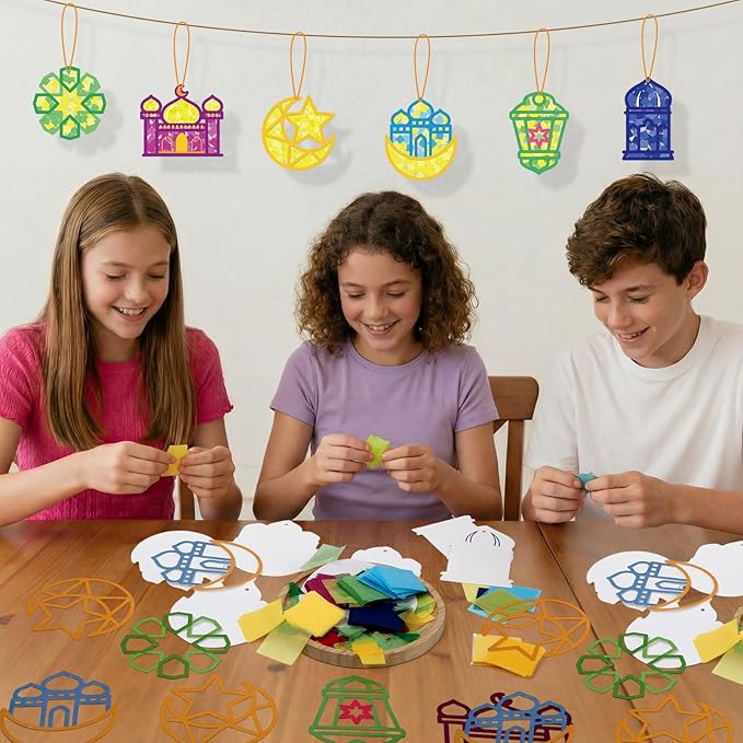 Feifeiya 24 Set Ramadan Crafts - DIY Ramadan Suncatcher Tissue Paper Craft Kit Eid Mubarak Crafts Bulk for Eid Al-fitr Activities Ornaments Hanging Decorations Party Gifts Favors Supplies