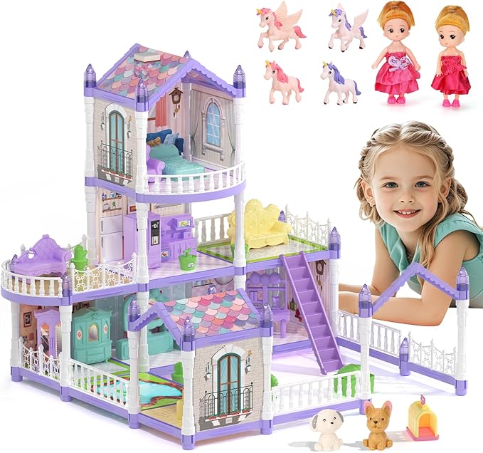 Lilac Purple Doll House for Girls, Dream Dollhouse 9 Rooms with 2 Dolls, 4 Unicons,Lights, Furniture and Accessories, Pretend-Play Toddler Playhouse Gift 3+ Year Old Girls Toys