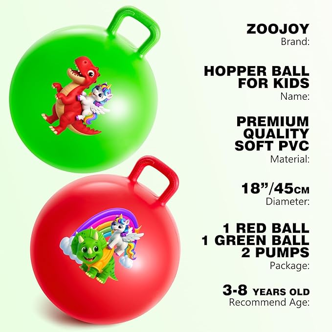 ZOOJOY Hopper Ball 2 Pack, 18 in Bouncy Ball with Handle for Kids, Unicorn & Dinosaur Girls Boys Toys, Best Inflatable Active Play Toys Gifts for 3 4 5 6 7 8 Yr Old Girls Boys