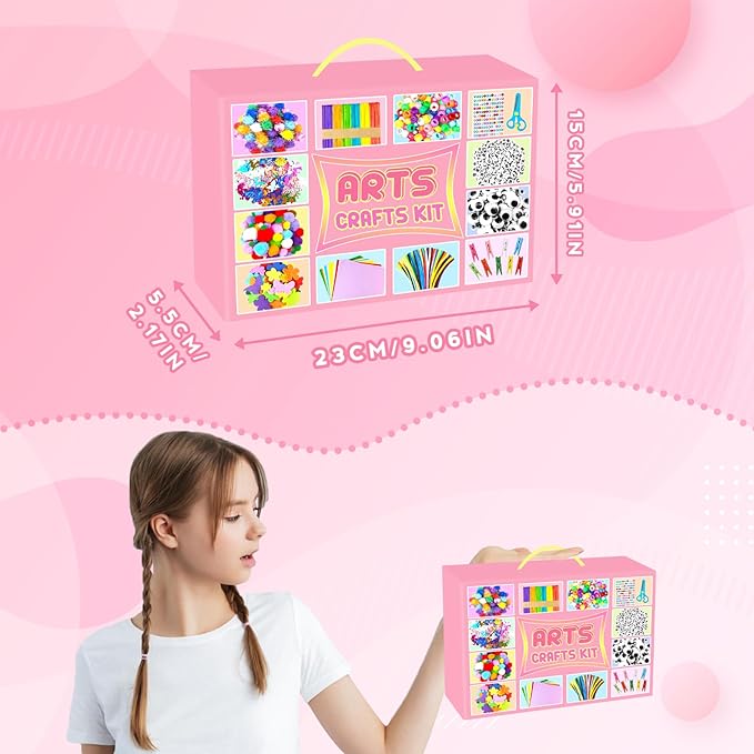 BNUZEIYI 2000 PCS Arts and Crafts Supplies for Kids All-in-1 Craft Kit with Pipe Cleaners Craft Box Set DIY Crafting Supply School Supplies Toys Gifts for Girls Boys Ages 4-6, 6-8, 8-12, Pink