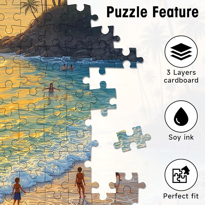 Seaside Puzzles for Adults 1000 Pieces, Tropical Beach Jigsaw Sunset Palm Trees Ocean Waves, 28x20 Inch Coastal Puzzle with Letters on Back, Wall Art, Relaxing Family Game, Easter