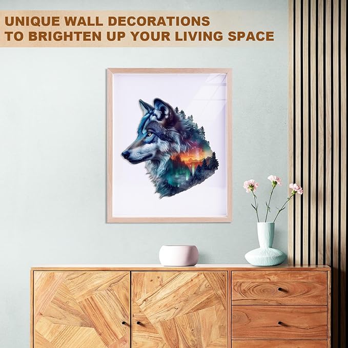 Wooden Puzzle for Adults-Aurora Wolf Wooden Puzzle Unique Shape Advanced Animal Jigsaw Puzzle for Adults, Best Gift, Wood Puzzles, Challenge Wooden Jigsaw Puzzle (M-11.4 * 11.0in-140pcs)