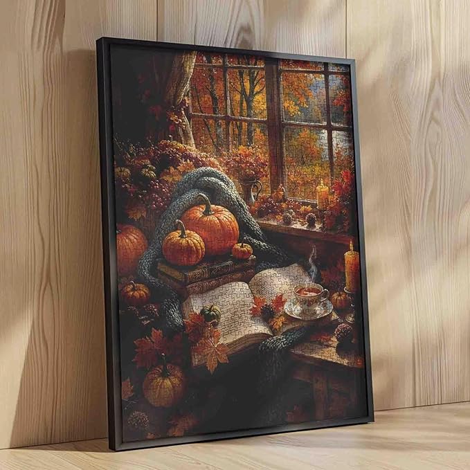 Autumn Scenery Jigsaw Puzzle 1000 Pieces Adults Window Fallen Leaves Puzzle Thanksgiving Puzzle Challenging for Family Game Perfect Family Fun Activity Wall Art Decor Gift 19.7 "x 27.6 "